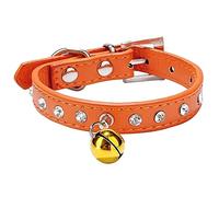Rhinestone Pet Collar-Cute Dazzling Sparkling Soft PU Leather Puppy Dog Cat Collars-with Safety Adjustable Buckle and Bell-Crystal Diamond Pet Collar (Orange)