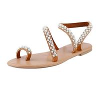 Rhinestone Sandals For Women 2026,Pearl Sparkly Ankle Strappy Beach Sandal Clip Toe Ring Wedding Shoes For Bride Flat Comfortable Slip On Flip Flop Bling Dressy Summer Bohemian Slippers