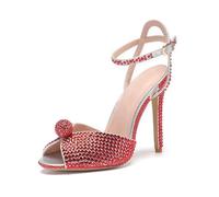 Rhinestone Sandals Rhinestone Sequined Peep Toe Sandals Summer Elegant High Heels Crystal Wedding Banquet Bridal Shoes For the Summer(Red,38)