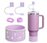 Rhinestone Stanley Cup Accessories Set Including 0.4in Bling Straw Covers, Spill Proof Stopper, Diamond Glitter Silicone Boot for Stanley Accessories 40oz (Fit 40 oz, Purple)