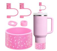 Rhinestone Stanley Cup Accessories Set Including 0.4in Bling Straw Covers, Spill Proof Stopper, Diamond Glitter Silicone Boot for Stanley Accessories 40oz (Fit 40 oz, Peony)