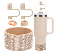 Rhinestone Stanley Cup Accessories Set Including 0.4in Bling Straw Covers, Spill Proof Stopper, Diamond Glitter Silicone Boot for Stanley Accessories 40oz (Fit 40 oz, Champagne)