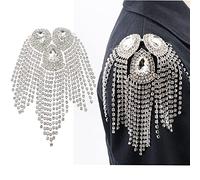 Rhinestone Stitch Sewing Appliques Patches Crystal Tassel Fringe Shoulder Epaulete Accessoeries by Pair (Silver)