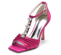 Rhinestone T-Strap Pleated Square Toe Satin Sandals Stiletto Heel Adjustable Ankle Buckle Bridal Wedding Evening Formal Dress Heels,Rose red,5.5 UK
