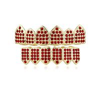 Rhinestone Teeth Grillz Pave CZ 6 Teeth Top Buttom for Women Men Unisex Crystal Red Green Black Cubic Zirconia Statement Tooth Fangs Cap Funny Grill Cosplay Party Prom Mouth Jewelry Gifts (Gold Red)