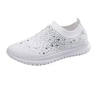 Rhinestone Trainers Women Womens Rainbow Trainers Sparkly Colourful Sneakers Slip On Glitter Sneakers Breathable Sequin Shoes Soft Mesh Loafers Casual Tennis Loafers Lightweight Sport Shoe White