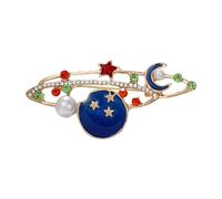 Rhinestone Universe Moon Star Brooch Pin for Women Girls Men Gold Plated Fashion Red Green Crystal Blue Enamel Crescent Celestial Brooches Lapel Pins Dainty Dress Accessories for Astrophile