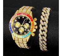 Rhinestone Watch Woman Man Full Micro Paved Ice Out Colorful Stone Cubic Zirconia Stainless Steel 3 Eyes Watch Men