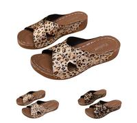 Rhinestone Wedge Sandals For Women, Summer Slides For Women, Leopard Print Cross-Band Slides, Open Toe Slip-On Footwear, Sandals With Textured Grip Sole, Poolside Lounging, Warm-Weather Relaxation