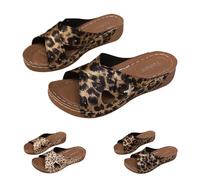 Rhinestone Wedge Sandals For Women, Summer Slides For Women, Leopard Print Cross-Band Slides, Open Toe Slip-On Footwear, Sandals With Textured Grip Sole, Poolside Lounging, Warm-Weather Relaxation