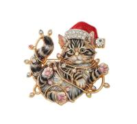 Rhinestone Xmas Kitten Cat Playing Brooch Pin for Women Men Gold-Toned Crystal Enamel Christmas Light Bulb Ball Brooches Lapel Pins Fashion Cute Suit Scarf Dress Accessories Gift