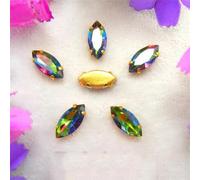 Rhinestones, AB Colors Gold Claw Sew On Rhinestone Beads Horse Eye Navette Marquise Glass Crystal(17x32mm 10pcs A10 Rainbow)