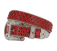 Rhinestones Belt for Men Women, Luxury Western Cowgirl Bling Studded Vintage Leather Belts Sparkling for Jeans Pants Dresses, All Red, Waist 35"-37"