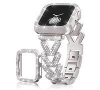 Rhinestones Encrusted Metal Bracelet and Case, Compatible with Apple Watch Bands 38mm-49mm (Series 10/1/SE/Ultra 2)- Bling Gold Women's Jewelry Strap, Luxury iWatch Bracelet with Screen Protector