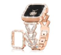Rhinestones Encrusted Metal Bracelet and Case, Compatible with Apple Watch Bands 38mm-49mm (Series 10/1/SE/Ultra 2)- Bling Gold Women's Jewelry Strap, Luxury iWatch Bracelet with Screen Protector
