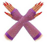 Rhinestones Fishnet Gloves, 1 Pair Mesh Fingerless Fish Net Sparkly Glitter Gloves, Stretchy Elbow Length Neon Mitten for 80s Party Cosplay, Arm Sleeves Bridal Glove for Wedding Halloween Nightclub