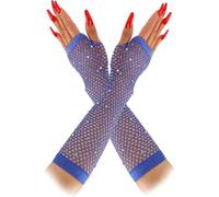 Rhinestones Fishnet Gloves, 1 Pair Mesh Fingerless Fish Net Sparkly Glitter Gloves, Stretchy Elbow Length Neon Mitten for 80s Party Cosplay, Arm Sleeves Bridal Glove for Wedding Halloween Nightclub