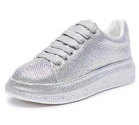 Rhinestones Flower Platform Sneakers for Women's Mesh Lace Up Embroidery Tennis Shoes Arch Support Lightweight Breathable Students Running Athletic Sport Shoes(Silver,5 UK)