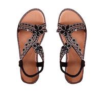 Rhinestones Flower Sandals Womens - T-Strap Open Toe Flats Sandals Comfortable T-Strap Beaded Flower Sparkly Rhinestone Flat Elastic Sandals Dress Shoes Bohemian Shoes Fit Casual Vacation