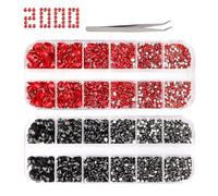Rhinestones for Craft, Flat Back Rhinestones 6 Sizes (2-5 mm) with Pick Up Tweezer for Crafts Nail Face Art Clothes Shoes Bags Phone Case DIY (red&black)