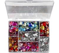Rhinestones in display box, D: 6+7+9+10+11+12+14+16 mm, outer size 16,4x9,2x1,5 cm, blue, silver, pink, Rounds. stars. hearts, 300pcs