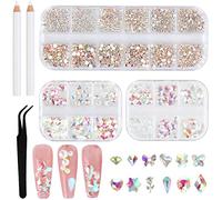 Rhinestones Nail Art, 18 Sizes Glitter Stones, AB Rhinestones Nails Flat Back, 3 Boxes Nail Stones with Dotting Pen and Tweezers for Nails/Clothing/DIY Crafts