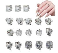 Rhinestones Nail Gems, 18 Pcs Multi Shapes Shiny Glass Crystal Nail Rhinestones and Gems Geometric Rectangle Heart 3D Nail Charms Decorations for Nail Design Jewelry Making DIY Crafts (Clear B)