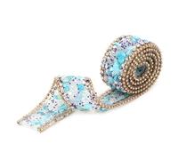 Rhinestones Ribbon, 2.5x50cm/1.0x19.7in DIY Diamond Mesh Wrap Roll Crystal Bling Chain Trim Ribbon Sparkling Decoration for Dress, Wedding, Furniture (Blue Stone + Gold Bead Necklace)