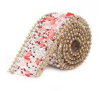 Rhinestones Ribbon, 2.5x50cm/1.0x19.7in DIY Diamond Mesh Wrap Roll Crystal Bling Chain Trim Ribbon Sparkling Decoration for Dress, Wedding, Furniture (Red Stone + Gold Bead Necklace)