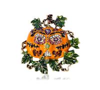 Rhinestones Spooky Pumpkin Enamel Brooch - CZ Crystal Green Leaves Gold Plated Halloween Lapel Pin for Women Men, Festival Party Statement Jewellery Gift