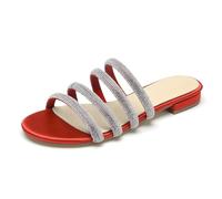 Rhinestones Strappy Flat Slide Sandals Women's Sparkle Satin Open Toe Bridal Wedding Dress Party Beach Sandals,Red,8.5 UK