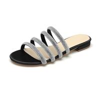 Rhinestones Strappy Flat Slide Sandals Women's Sparkle Satin Open Toe Bridal Wedding Dress Party Beach Sandals,Black,4 UK