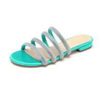 Rhinestones Strappy Flat Slide Sandals Women's Sparkle Satin Open Toe Bridal Wedding Dress Party Beach Sandals,Teal,8 UK