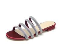 Rhinestones Strappy Flat Slide Sandals Women's Sparkle Satin Open Toe Bridal Wedding Dress Party Beach Sandals,Burgundy,3.5 UK
