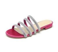 Rhinestones Strappy Flat Slide Sandals Women's Sparkle Satin Open Toe Bridal Wedding Dress Party Beach Sandals,Fuchsia,9.5 UK