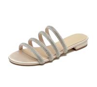 Rhinestones Strappy Flat Slide Sandals Women's Sparkle Satin Open Toe Bridal Wedding Dress Party Beach Sandals,Champagne,5.5 UK