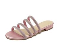 Rhinestones Strappy Flat Slide Sandals Women's Sparkle Satin Open Toe Bridal Wedding Dress Party Beach Sandals,Blush,9.5 UK