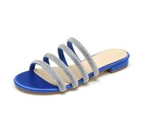Rhinestones Strappy Flat Slide Sandals Women's Sparkle Satin Open Toe Bridal Wedding Dress Party Beach Sandals,Blue,8 UK