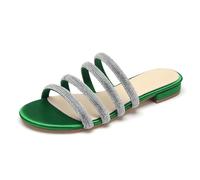 Rhinestones Strappy Flat Slide Sandals Women's Sparkle Satin Open Toe Bridal Wedding Dress Party Beach Sandals,Green,7 UK