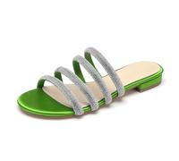 Rhinestones Strappy Flat Slide Sandals Women's Sparkle Satin Open Toe Bridal Wedding Dress Party Beach Sandals,Lime,6.5 UK