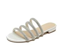 Rhinestones Strappy Flat Slide Sandals Women's Sparkle Satin Open Toe Bridal Wedding Dress Party Beach Sandals,Ivory,7 UK