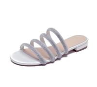 Rhinestones Strappy Flat Slide Sandals Women's Sparkle Satin Open Toe Bridal Wedding Dress Party Beach Sandals,White,4 UK