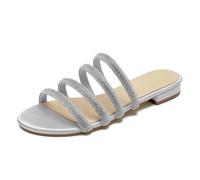 Rhinestones Strappy Flat Slide Sandals Women's Sparkle Satin Open Toe Bridal Wedding Dress Party Beach Sandals,Silver,5 UK