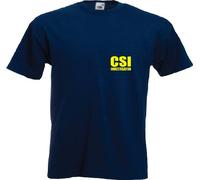 Rhino and Mugsy CSI Crime Scene Investigator - Mens Navy T Shirt with Yellow Print