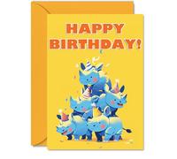 Rhino Birthday Cards for Her Him - Party Animals Pyramid - Happy Birthday Card for Mum Dad Brother Sister Auntie Uncle Cousin Friend Family Colleague A5 Bday Greeting Cards