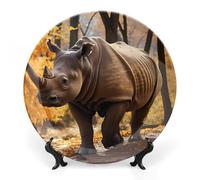 Rhino in Autumn Ceramic Decorative Plates for Display Ornaments with Stand for Kitchen Home Decor 6inch