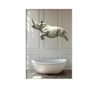 Rhino Jumping Into Bathtub, Funny Bathroom Wall Art Decor, Animals Taking A Bath, Vintage Style Retro Photo, Rhino Print, Ai Art-1