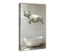 Rhino Jumping Into Bathtub, Funny Bathroom Wall Art Decor, Animals Taking A Bath, Vintage Style Retro Photo, Rhino Print, Ai Art-1