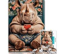 Rhino Playing with Mobile Phone 1000 Pieces Jigsaw Puzzles For Teens And Adults,Toys Educational Games Stress Relieving Great Gifts And Toys 50x75cm
