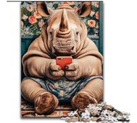 Rhino Playing with Mobile Phone Jigsaw Puzzles for Adults 1000 Pieces, Toys Educational Games Stress Relieving Unique Birthday And Gifts (26x38cm)